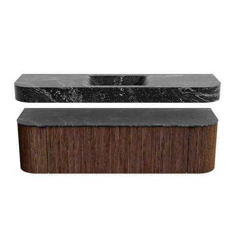MONDIAZ THOR-DLUX 160cm badmeubel ronding links + rechts kleur Walnut met 1 lade en 2 deuren. Vrijhangende wastafel CLOUD Midden zonder kraangat kleur Lava. SW1465002