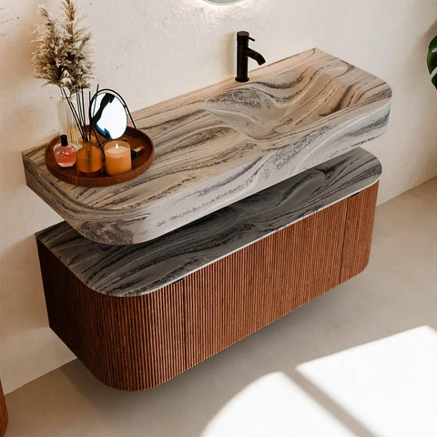 MONDIAZ THOR-DLUX 120cm meuble de salle de bains arrondi gauche + droite couleur Ruby avec 1 tiroir et 2 portes. Vasque suspendue CLOUD Droite 1 trou de robinet couleur Sombra. SW1463655