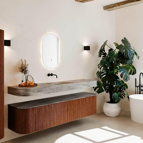 MONDIAZ THOR-DLUX 190cm meuble de salle de bains arrondi gauche + droite couleur Ruby avec 2 tiroirs et 2 portes. Vasque suspendue CLOUD Milieu sans trou de robinet couleur Oza. SW1466641