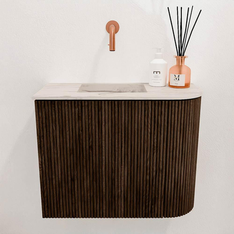 Mondiaz JOYA-DLUX 51.6cm toiletmeubel - ronding rechts kleur Walnut - Wastafel FAYE positie Links Zonder kraangat kleur Nata. SW1424512