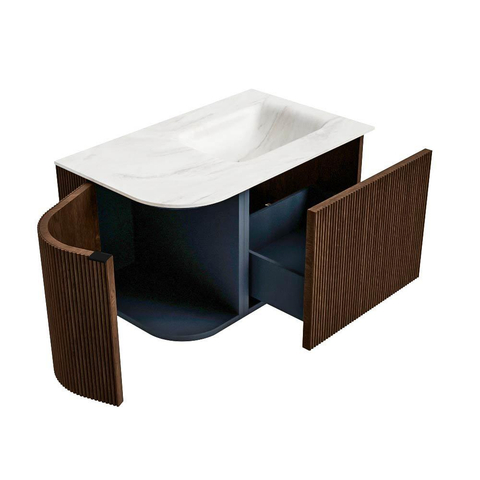 MONDIAZ KURVE-DLUX Meuble de salle de bains 75 cm avec module 25 L couleur Walnut avec 1 tiroir et 1 porte. Lavabo GRUNNE à droite 1 trou de robinet couleur Ostra. SW1137799