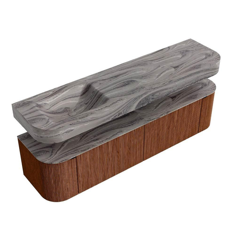 MONDIAZ THOR-DLUX 180cm meuble de salle de bains arrondi gauche + droite couleur Ruby avec 2 tiroirs et 2 portes. Vasque suspendue CLOUD Gauche sans trou de robinet couleur Sombra. SW1466355
