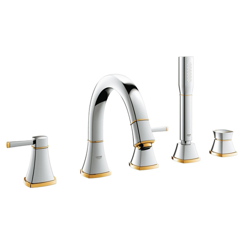 GROHE Grandera afbouwdeel 5 gats badrandkraan met baduitloop met omstel met handdouche en doucheslang 150cm chroom/goud 0437850