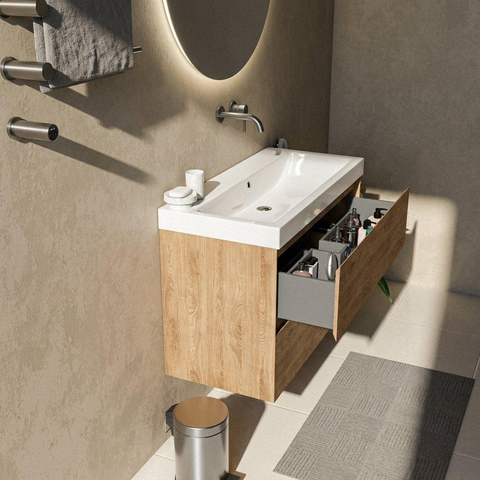 Saniclass Holz Pure Badkamermeubelset - 100x45x67.5cm - Wave keramische wastafel - 1 wasbak - zonder kraangat - 2 lades - mat eiken natural (hout) SW1479041