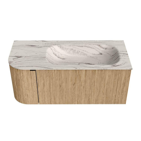 MONDIAZ KURVE-DLUX Meuble de salle de bains 105cm arrondi à gauche couleur Chêne avec 1 tiroir et 1 porte. Lavabo BIG SMALL à droite sans trou de robinet Nata. SW1432068