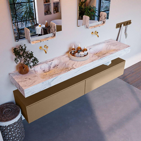 Mondiaz ALAN-DLUX Ensemble de meuble - 200cm - meuble Oro mat - 2 tiroirs - Lavabo Cloud Glace suspendu - vasque Gauche et droite - 0 trous de robinet SW805871