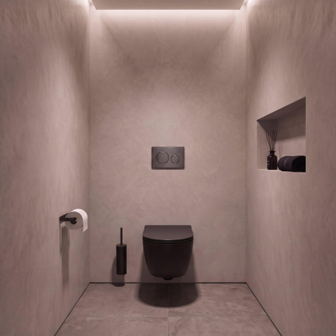 QeramiQ Dely Swirl Ensemble WC - 36.3x51.7cm - Réservoir encastré Geberit UP320 - abattant fin - Plaque de commande en gunmetal - Boutons ronds - Noir mat SW1130198
