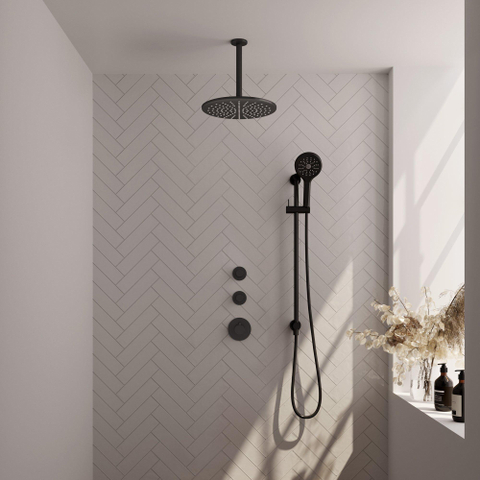 Brauer Black Carving Ensemble de douche de pluie encastré - douche de tête 30cm - bras de plafond - 3 boutons carving - douchette ronde 1 jet - noir mat SW716226