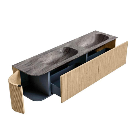 MONDIAZ KURVE-DLUX Meuble de salle de bains 175cm arrondi à gauche couleur Oak avec 2 tiroirs et 1 porte. Lavabo STOR SMALL Double / Droite sans trou de robinet Oza. SW1432691