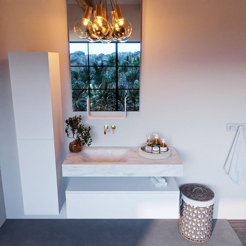 Mondiaz ALAN-DLUX Ensemble de meuble - 110cm - meuble Talc mat - 1 tiroir - Lavabo Cloud Opalo suspendu - vasque Gauche - 0 trous de robinet SW806556