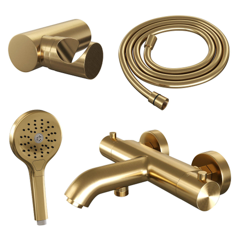 Robinet de baignoire Brauer Gold Edition - ensemble de douche - douchette ronde 3 positions - bouton lisse - PVD - or brossé SW1164692