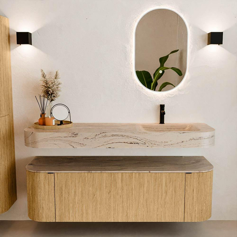 MONDIAZ THOR-DLUX 150cm badmeubel ronding links + rechts kleur Oak met 1 lade en 2 deuren. Vrijhangende wastafel CLOUD Rechts 1 kraangat kleur Arena. SW1464708
