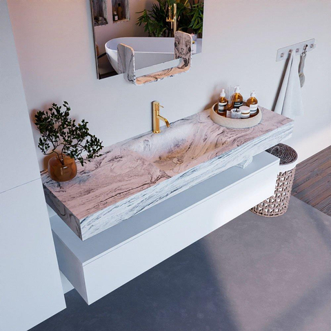 Mondiaz ALAN-DLUX Ensemble de meuble - 150cm - meuble Talc mat - 1 tiroir - Lavabo Cloud Glace suspendu - vasque Centre - 1 trou de robinet SW805171