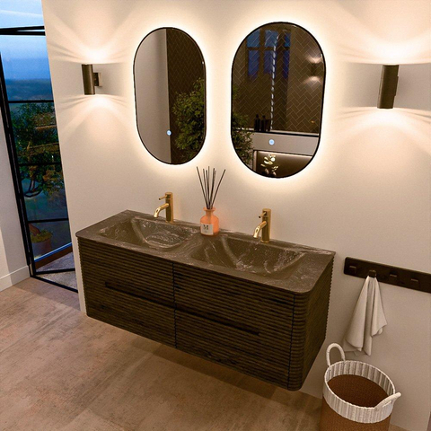 Mondiaz CIRO-DLUX Badkamermeubelset - 130x45x50cm - Solid surface wastafel Lava - 2 wasbak Dubbel - 2 kraangaten - 4 lades - Shadow SW1532278
