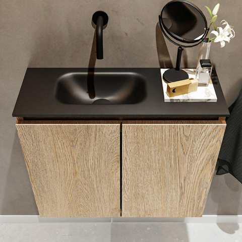 MONDIAZ TURE Fonteinset - 60x23x50cm - 0 kraangaten - 2 deuren - washed oak mat - Wasbak links - Solid Surface Zwart SW475490