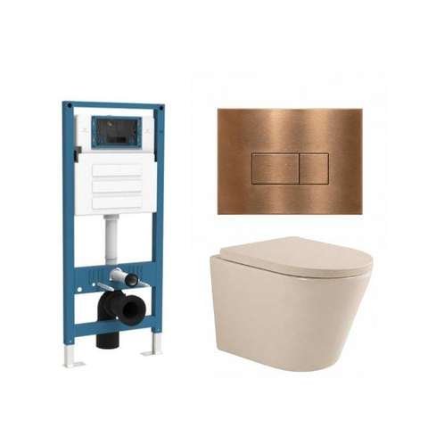 QeramiQ Dely Toiletset - inbouwreservoir Qeramiq Flush - 35mm zitting - metaal koperen bedieningsplaat - rechthoekige knoppen - beige SW1578601