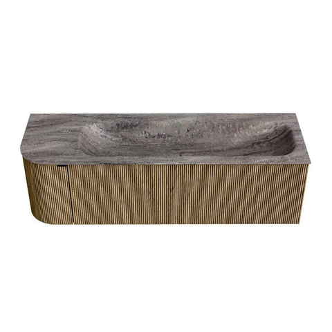 MONDIAZ KURVE-DLUX Meuble de salle de bains 145cm arrondi à gauche couleur Dusk avec 1 tiroir et 1 porte. Lavabo BIG LARGE à droite 2 trous de robinet Oza. SW1433004