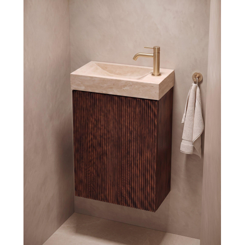 Saniclass Holz Atelier Ensemble de meuble de toilettes - 40x60.5cm - 1 porte - lave-mains travertin - trou de robinet à droite - chêne charcoal SW1577782