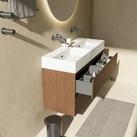 Saniclass Holz Pure Badkamermeubelset - 120x45x72cm - Legend keramische wastafel mat wit - 2 wasbakken - zonder kraangaten - 4 lades - mat walnut pure (hout) SW1596142