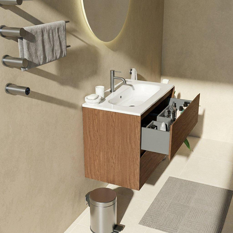 Saniclass Holz Pure Badkamermeubelset - 80x45x73.9cm - Chaci keramische wastafel wit - 1 wasbak - 1 kraangat - 2 lades - mat walnut pure (hout) SW1478808