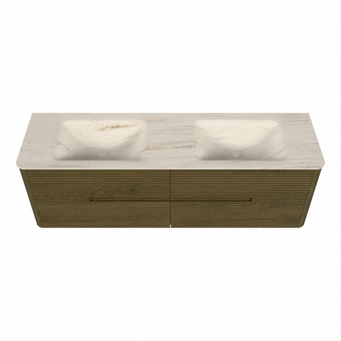 Mondiaz CIRO-DLUX Badkamermeubelset - 160x45x50cm - Solid surface wastafel Meli - 2 wasbak Dubbel - 2 kraangaten - 4 lades - Dusk SW1533173