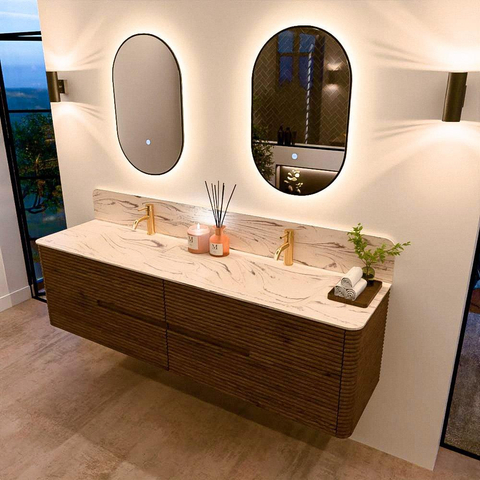 Mondiaz CIRO-DLUX Badkamermeubelset - 180x45x50cm - Solid surface wastafel Nata - 2 wasbak Dubbel - 2 kraangaten - 4 lades - Dusk SW1533248