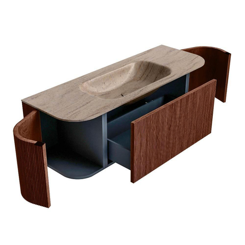 MONDIAZ KURVE-DLUX meuble de salle de bains 130cm arrondi gauche + droite couleur Ruby avec 1 tiroir et 2 portes. Lavabo BIG SMALL central sans trou de robinet Saba. SW1433455