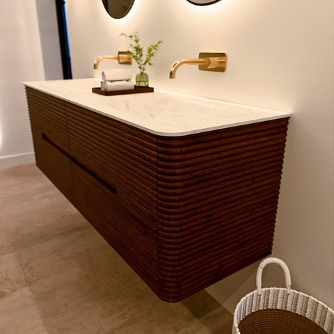 Mondiaz CIRO-DLUX Badkamermeubelset - 150x45x50cm - Solid surface wastafel Opalo - 2 wasbak Dubbel - zonder kraangaten - 4 lades - Ruby SW1531535