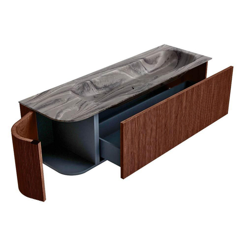MONDIAZ KURVE-DLUX Meuble de salle de bains 145cm arrondi à gauche couleur Ruby avec 1 tiroir et 1 porte. Lavabo BIG LARGE à droite sans trou de robinet Sombra. SW1433967