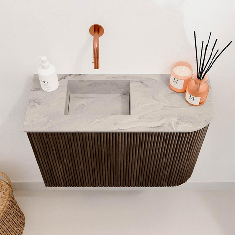 Mondiaz JOYA-DLUX 61.6cm toiletmeubel - ronding rechts kleur Walnut - Wastafel FAYE positie Links Zonder kraangat kleur Glace. SW1422654