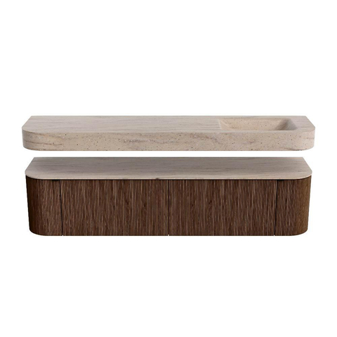 MONDIAZ THOR-DLUX Meuble de salle de bains 190cm arrondi gauche + droite couleur Walnut avec 2 tiroirs et 2 portes. Vasque suspendue CLOUD Droite 1 trou de robinet couleur Saba. SW1466655