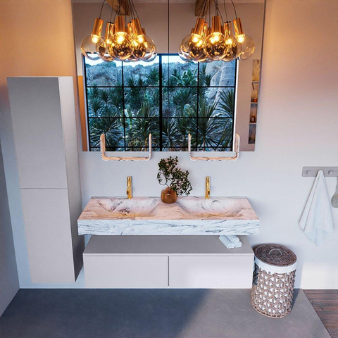 Mondiaz ALAN-DLUX Ensemble de meuble - 130cm - meuble Cale mat - 2 tiroirs - Lavabo Cloud Glace suspendu - vasque Gauche et droite - 2 trous de robinet SW805746
