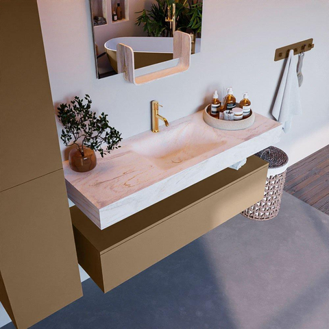 Mondiaz ALAN-DLUX Ensemble de meuble - 130cm - meuble Oro mat - 1 tiroir - Lavabo Cloud Ostra suspendu - vasque Centre - 1 trou de robinet SW807543