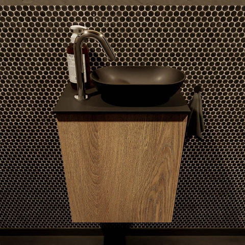 Mondiaz Fowy meuble de toilette - 40x50x23cm - chêne blanchi mat - 1 trou de robinet - lavabo à droite - 1 porte - solid surface - plan Mélamine - lavabo : noir SW761435