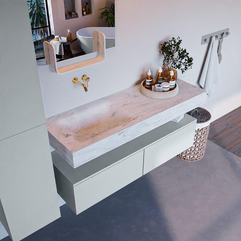 Mondiaz ALAN-DLUX Ensemble de meuble - 130cm - meuble Clay mat - 2 tiroirs - Lavabo Cloud Opalo suspendu - vasque Gauche - 0 trous de robinet SW806858