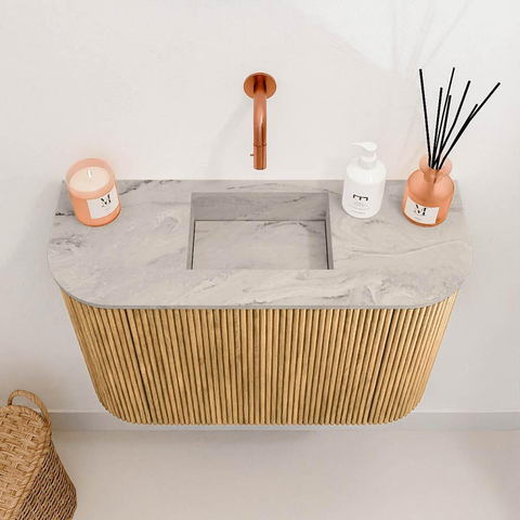 Mondiaz JOYA-DLUX 63.2cm toiletmeubel - ronding links en rechts kleur Oak - Wastafel FAYE positie Midden Zonder kraangat kleur Glace. SW1422032