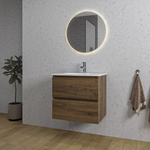 Saniclass Chaci Meuble de salle de bain - 60x45x55cm - lavabo en céramique brillant blanc - 1 vasque - 1 trou de robinet - 2 tiroirs - noyer SW721294