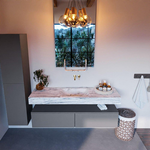 Mondiaz ALAN-DLUX Ensemble de meuble - 150cm - meuble Plata mat - 2 tiroirs - Lavabo Cloud Glace suspendu - vasque Centre - 0 trous de robinet SW806207