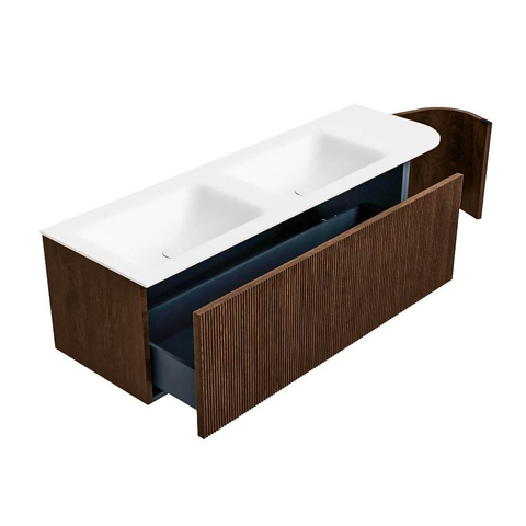 MONDIAZ KURVE Meuble de salle de bains 145 cm avec module 25 R couleur Walnut avec 1 tiroir et 1 porte. Lavabo CLOUD double / à gauche sans trou de robinet Talc. SW1138348