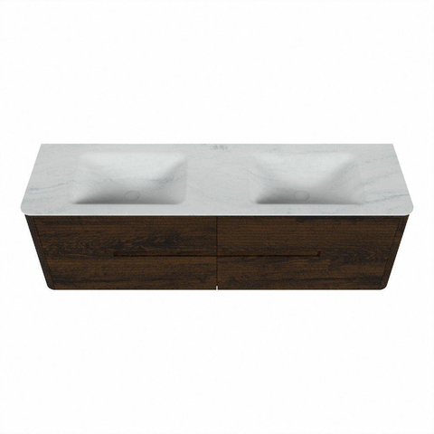 Mondiaz CIRO-DLUX Badkamermeubelset - 160x45x50cm - Solid surface wastafel Opalo - 2 wasbak Dubbel - 2 kraangaten - 4 lades - Walnut SW1530323