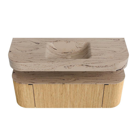 MONDIAZ THOR-DLUX 130cm meuble de salle de bains arrondi gauche + droite couleur Oak avec 1 tiroir et 2 portes. Vasque suspendue CLOUD Centre sans trou de robinet couleur Arena. SW1463764