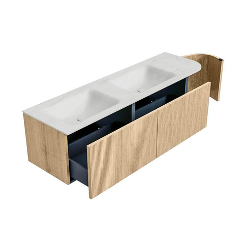 MONDIAZ KURVE-DLUX meuble de salle de bains 155 cm avec module 25 R couleur Oak avec 2 tiroirs et 1 porte. Lavabo LEAF double / gauche sans trou de robinet couleur Opalo. SW1137613