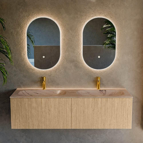 MONDIAZ KURVE-DLUX 150cm badmeubel kleur Oak met 2 lades en 0 deuren. Wastafel STOR SMALL Dubbel 2 kraangaten Arena. SW1431193