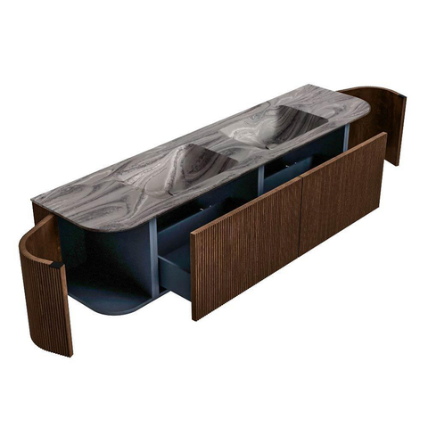 MONDIAZ KURVE-DLUX 180cm badmeubel ronding Links + Rechts kleur Walnut met 2 lades en 2 deuren. Wastafel LEAF Dubbel zonder kraangat Sombra. SW1433697