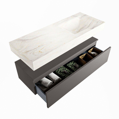 Mondiaz ALAN-DLUX Ensemble de meuble - 120cm - meuble Dark grey mat - 1 tiroir - Lavabo Cloud Ostra suspendu - vasque Droite - 1 trou de robinet SW807195