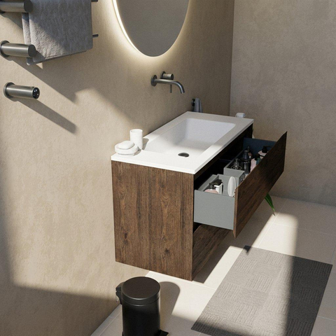 Saniclass Holz Pure Ensemble de meubles de salle de bains - 100x45x77.5cm - lavabo Torino en solid surface blanc - sans trou de robinetterie - 2 tiroirs - chêne charcoal mat (bois) SW1478665