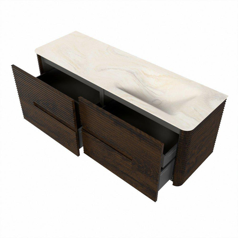 Mondiaz CIRO-DLUX Meuble de salle de bains - 140x45x50cm - Plan vasque en solid surface Ostra - 1 lavabo à droite - 1 trou de robinet - 4 tiroirs - Noyer SW1530360