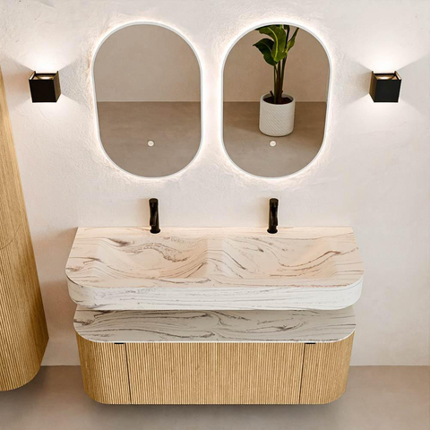 MONDIAZ THOR-DLUX 130cm badmeubel ronding links + rechts kleur Oak met 1 lade en 2 deuren. Vrijhangende wastafel CLOUD Dubbel 2 kraangaten kleur Nata. SW1463834