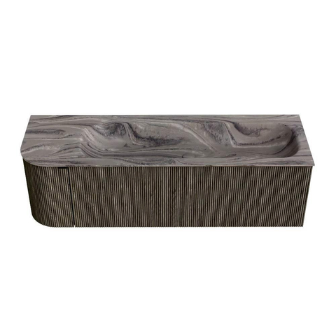 MONDIAZ KURVE-DLUX 145cm badmeubel ronding Links kleur Shadow met 1 lade en 1 deur. Wastafel BIG LARGE Rechts 2 kraangaten Sombra. SW1433783