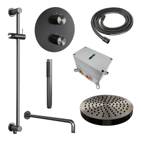 BRAUER Stripe Thermostatische Inbouw Regendouche - 3-weg - rond - 25cm douchekop - gebogen muurarm - staaf handdouche - doucheslang - geïntegreerde glijstang - gunmetal geborsteld PVD SW1435229